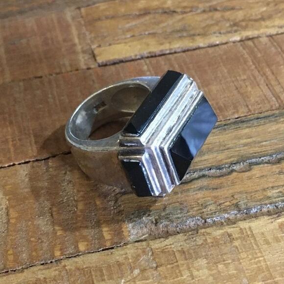 Vintage Sterling Silver Black Onyx Geometric Statement Ring Size 6.5 - Picture 7 of 8